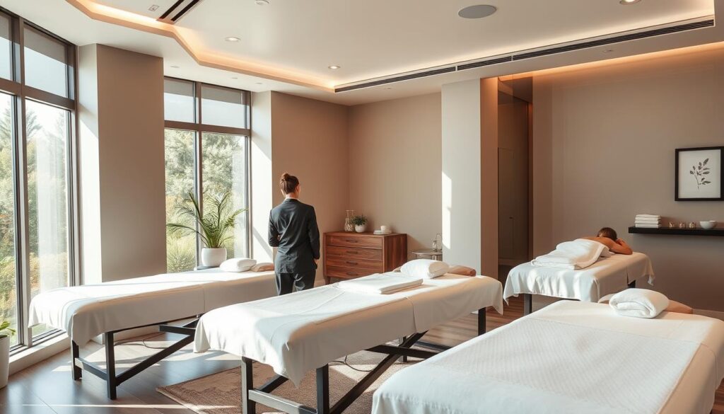 A modern, well-equipped massage therapy clinic with professional therapists providing expert services. The interior features sleek, minimalist design with muted colors and natural light streaming in through large windows. Plush massage tables, soothing aromatherapy, and discreet private treatment rooms create a serene, relaxing atmosphere. The skilled therapists use a variety of techniques, from deep tissue to Swedish massage, to alleviate stress and promote overall well-being. The clinic exudes an air of sophistication and wellness, catering to discerning clientele seeking a premium massage experience. A modern, well-equipped massage therapy clinic with professional therapists providing expert services. The interior features sleek, minimalist design with muted colors and natural light streaming in through large windows. Plush massage tables, soothing aromatherapy, and discreet private treatment rooms create a serene, relaxing atmosphere. The skilled therapists use a variety of techniques, from deep tissue to Swedish massage, to alleviate stress and promote overall well-being. The clinic exudes an air of sophistication and wellness, catering to discerning clientele seeking a premium massage experience.