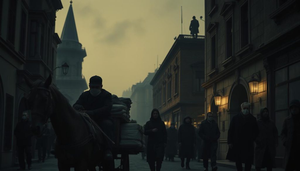 A moody, dimly lit street in 19th century Istanbul, with towering Ottoman-era buildings casting long shadows. In the foreground, a horse-drawn cart transports medical supplies, its driver clad in a protective plague doctor's mask. The middle ground is dotted with passersby wearing simple cloth face coverings, their expressions solemn. In the background, a shadowy figure stands atop a building, surveying the scene below. The atmosphere is one of unease and apprehension, the air thick with the weight of a historic pandemic. Low-key lighting, a vintage lens, and a cinematic angle heighten the sense of drama and historical gravitas.