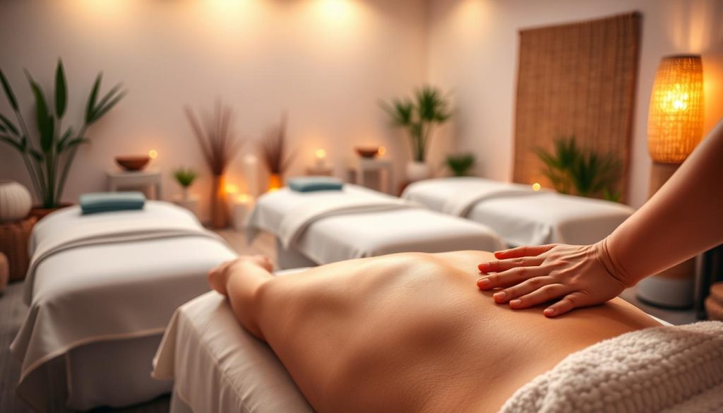A peaceful and serene massage parlor setting. Soft, warm lighting illuminates the room, creating a calming ambiance. In the foreground, a therapist's hands perform a soothing, therapeutic massage on a client's back, using long, flowing strokes. In the middle ground, plush massage tables are arranged neatly, with crisp white linens and an array of massage oils and lotions. The background features a tranquil, nature-inspired decor, such as potted plants, gentle water features, and earthy tones, further enhancing the relaxing atmosphere. The overall scene conveys the energy-balancing effects of professional massage techniques. A peaceful and serene massage parlor setting. Soft, warm lighting illuminates the room, creating a calming ambiance. In the foreground, a therapist's hands perform a soothing, therapeutic massage on a client's back, using long, flowing strokes. In the middle ground, plush massage tables are arranged neatly, with crisp white linens and an array of massage oils and lotions. The background features a tranquil, nature-inspired decor, such as potted plants, gentle water features, and earthy tones, further enhancing the relaxing atmosphere. The overall scene conveys the energy-balancing effects of professional massage techniques.
