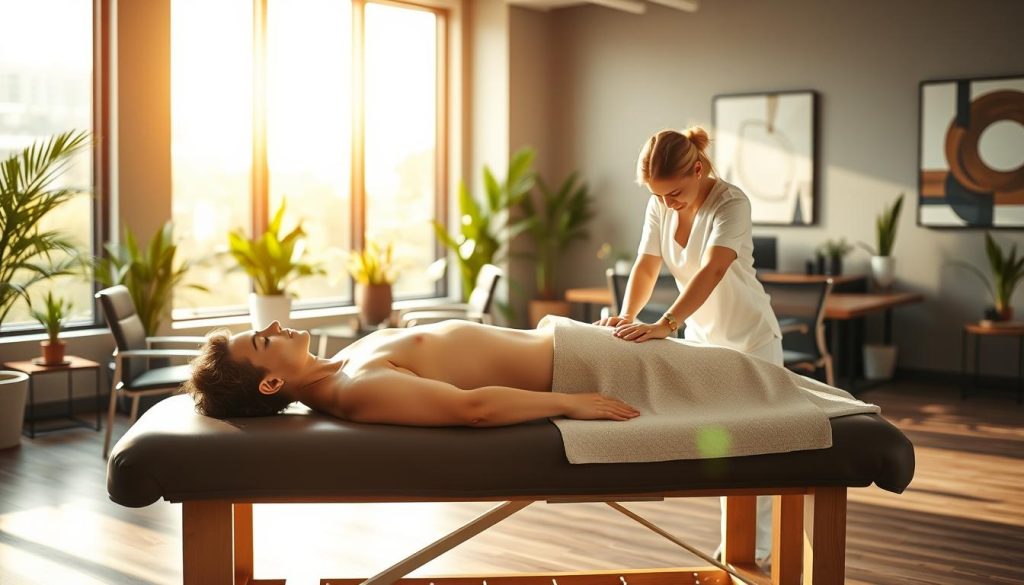 A peaceful office setting, bathed in warm, natural lighting filtering through large windows. In the foreground, a person reclines comfortably on a massage table, their eyes closed as a skilled masseuse applies gentle, soothing strokes to their shoulders and back. The middle ground features sleek, minimalist office furniture, creating a calming, professional atmosphere. In the background, potted plants and abstract artwork adorn the walls, contributing to the overall sense of wellness and relaxation. The scene conveys a tranquil oasis within the bustling office environment, where the restorative power of massage can be experienced.