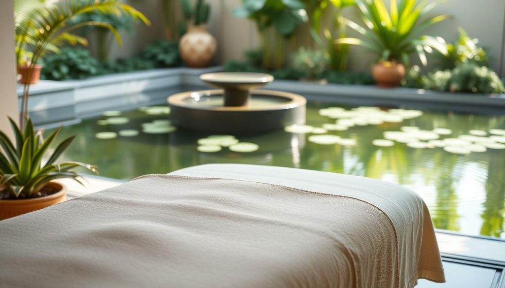 A peaceful, relaxing scene of a serene spa setting. A tranquil massage table is positioned in the foreground, surrounded by lush greenery and soothing water features in the middle ground. Soft, natural lighting filters through the space, creating a calming ambiance. Gentle ripples on the surface of a nearby pond reflect the serene atmosphere. The overall composition conveys a sense of rejuvenation and well-being, highlighting the physical and mental benefits of massage therapy. A peaceful, relaxing scene of a serene spa setting. A tranquil massage table is positioned in the foreground, surrounded by lush greenery and soothing water features in the middle ground. Soft, natural lighting filters through the space, creating a calming ambiance. Gentle ripples on the surface of a nearby pond reflect the serene atmosphere. The overall composition conveys a sense of rejuvenation and well-being, highlighting the physical and mental benefits of massage therapy.
