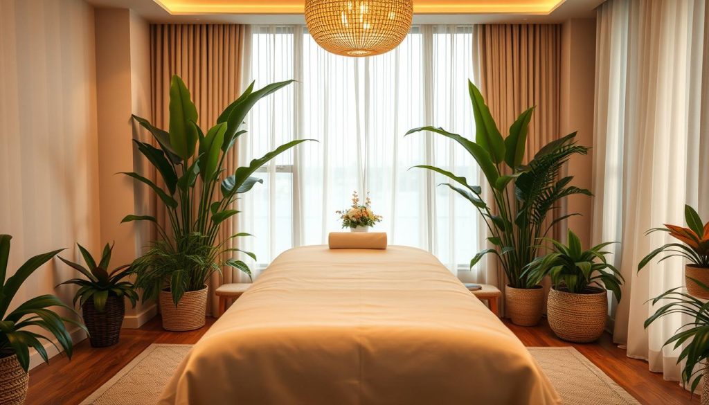A peaceful, serene massage therapy scene set in a luxurious Istanbul studio. A soft, warm lighting fills the room, creating a soothing atmosphere. A massage table sits in the middle, its clean white linens inviting relaxation. Lush, verdant plants adorn the background, adding a touch of natural elegance. Gentle, calming music plays in the background, complementing the tranquil ambiance. The overall mood is one of rejuvenation, wellness, and a sense of escape from the bustling city outside. A peaceful, serene massage therapy scene set in a luxurious Istanbul studio. A soft, warm lighting fills the room, creating a soothing atmosphere. A massage table sits in the middle, its clean white linens inviting relaxation. Lush, verdant plants adorn the background, adding a touch of natural elegance. Gentle, calming music plays in the background, complementing the tranquil ambiance. The overall mood is one of rejuvenation, wellness, and a sense of escape from the bustling city outside.