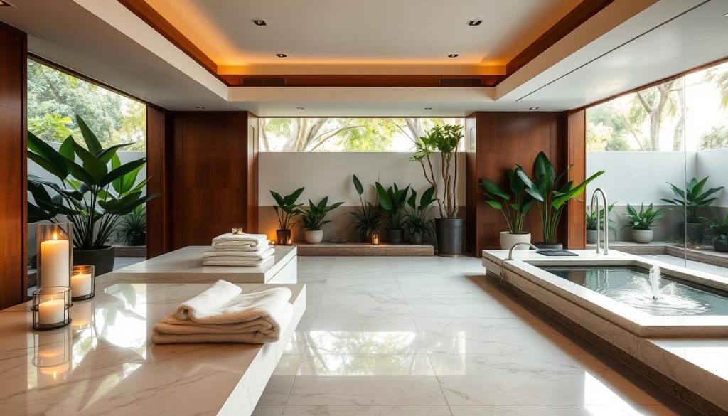 A peaceful spa sanctuary, bathed in soft natural light, with serene garden views. Elegant marble surfaces, polished wood accents, and lush greenery create a calming ambiance. Plush towels, scented candles, and a soothing water feature invite relaxation. Subtle ambient lighting casts a warm, tranquil glow, while a gentle breeze carries the aroma of essential oils. Cozy, private treatment rooms offer the promise of rejuvenating massage and indulgent skincare therapies, transporting the senses to a state of total wellness and restoration.