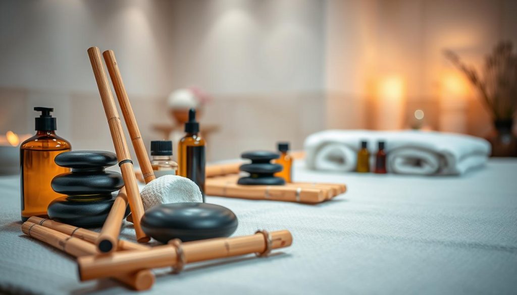 A peaceful spa setting with various massage modalities artfully displayed. A relaxing scene with soft lighting, soothing colors, and a tranquil ambiance. Prominently featured are massage tools such as bamboo sticks, hot stones, and essential oil bottles, arranged in a visually appealing manner. The composition suggests the different massage techniques available, from deep tissue to Swedish, without any distracting elements. The overall impression is one of a high-end wellness center, inviting the viewer to experience the benefits of personalized massage therapy.