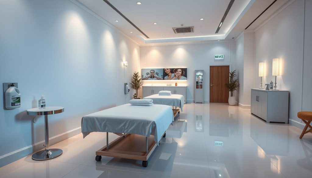 A pristine, well-lit massage parlor interior with gleaming floors, crisp white walls, and an elegant décor. Plush massage tables stand ready, adorned with freshly laundered linens. Disinfectant stations and hand sanitizers are prominently displayed, emphasizing a commitment to hygiene. The scene evokes a sense of tranquility and cleanliness, with subtle lighting and a serene atmosphere. A calming, minimalist aesthetic pervades the space, creating an immaculate and inviting environment for premier massage services.