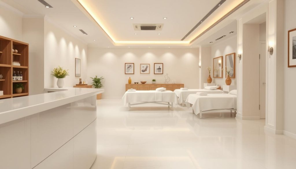 A pristine, well-lit salon interior with a serene, calming atmosphere. The foreground features a spotless reception desk, gleaming with a polished surface. The middle ground showcases modern, ergonomic massage tables draped in crisp, white linens. The background reveals a tranquil, minimalist decor with soft lighting, calming colors, and tasteful accents. The overall scene conveys a sense of cleanliness, professionalism, and adherence to COVID-19 safety protocols, creating a welcoming and hygienic environment for the discerning massage client.
