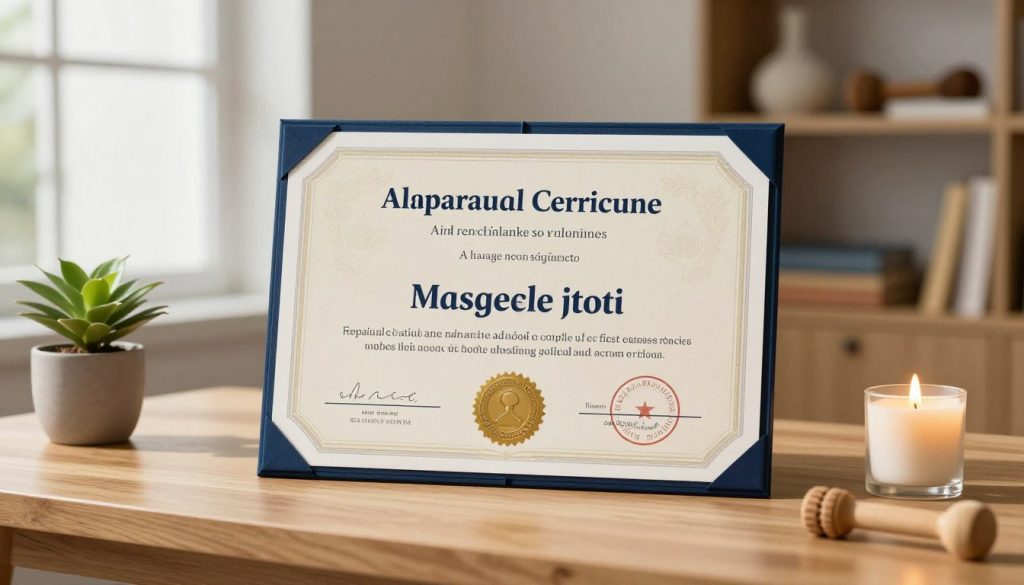A professional massage certificate displayed prominently on a wooden desk, surrounded by calming elements like a small potted plant and a lit candle. The certificate is intricately designed, featuring elegant borders and a seal of authenticity, indicating high standards of training. Soft, natural light filters through a nearby window, casting gentle shadows, creating a serene atmosphere. In the background, blurred out shelves filled with massage tools and books on wellness enhance the scene. The focus is sharp on the certificate, emphasizing its importance in defining a massage therapist's qualifications and impact on salary. The overall mood conveys professionalism, trust, and tranquility, aligning with the theme of massage therapy qualifications.