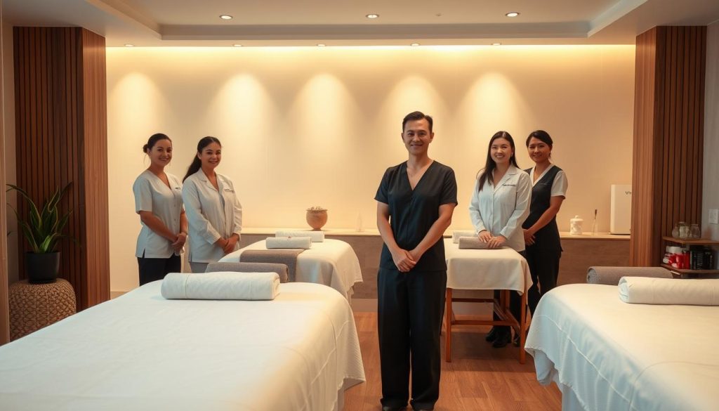 A professional, well-trained massage therapy team in a soothing, tranquil spa setting. Soft lighting casts a warm glow, with calming neutral tones and natural materials like wood and stone. Plush, inviting massage tables are neatly arranged, evoking a sense of comfort and relaxation. The scene conveys expertise, care, and a high-quality massage experience, with an emphasis on the skilled, certified therapists who will provide personalized, therapeutic treatments.