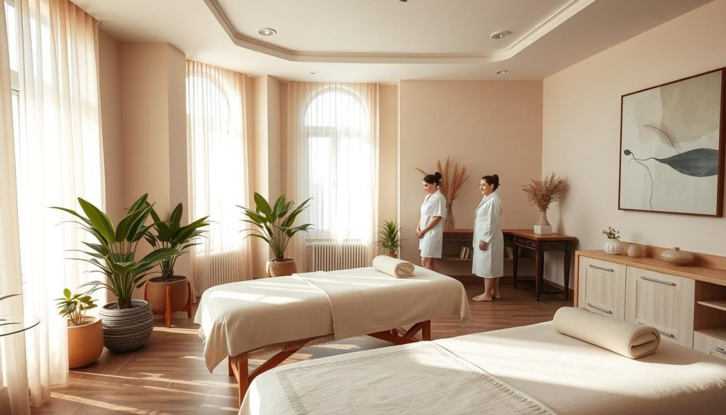 A relaxing and professional massage parlor in the heart of Bahçelievler, Istanbul. The interior is filled with soothing natural tones, soft lighting, and elegant decor that evokes a sense of tranquility. Plush massage tables sit in a minimalist, zen-inspired space, with potted plants and abstract artwork adorning the walls. Sunlight filters in through large windows, casting a warm glow over the serene setting. The skilled masseuses, dressed in crisp white uniforms, work diligently to provide a rejuvenating and luxurious massage experience for each client. An oasis of relaxation in the bustling city.