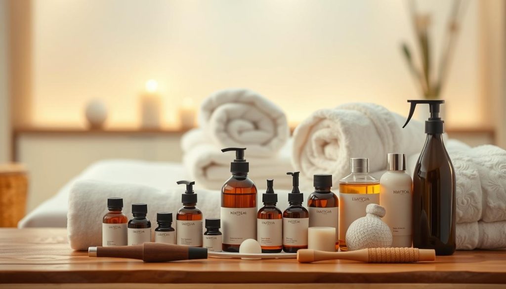 A relaxing spa scene featuring an assortment of professional massage products. In the foreground, an array of essential oils, massage tools, and soothing lotions are arranged on a natural wooden surface, illuminated by soft, diffused lighting. In the middle ground, plush towels and fluffy white robes are folded neatly, creating a sense of tranquility. The background is hazy, with a blurred view of a serene, minimalist interior, suggesting a high-end spa environment. The overall atmosphere is one of luxury, relaxation, and indulgence, perfectly capturing the essence of a professional massage experience. A relaxing spa scene featuring an assortment of professional massage products. In the foreground, an array of essential oils, massage tools, and soothing lotions are arranged on a natural wooden surface, illuminated by soft, diffused lighting. In the middle ground, plush towels and fluffy white robes are folded neatly, creating a sense of tranquility. The background is hazy, with a blurred view of a serene, minimalist interior, suggesting a high-end spa environment. The overall atmosphere is one of luxury, relaxation, and indulgence, perfectly capturing the essence of a professional massage experience.