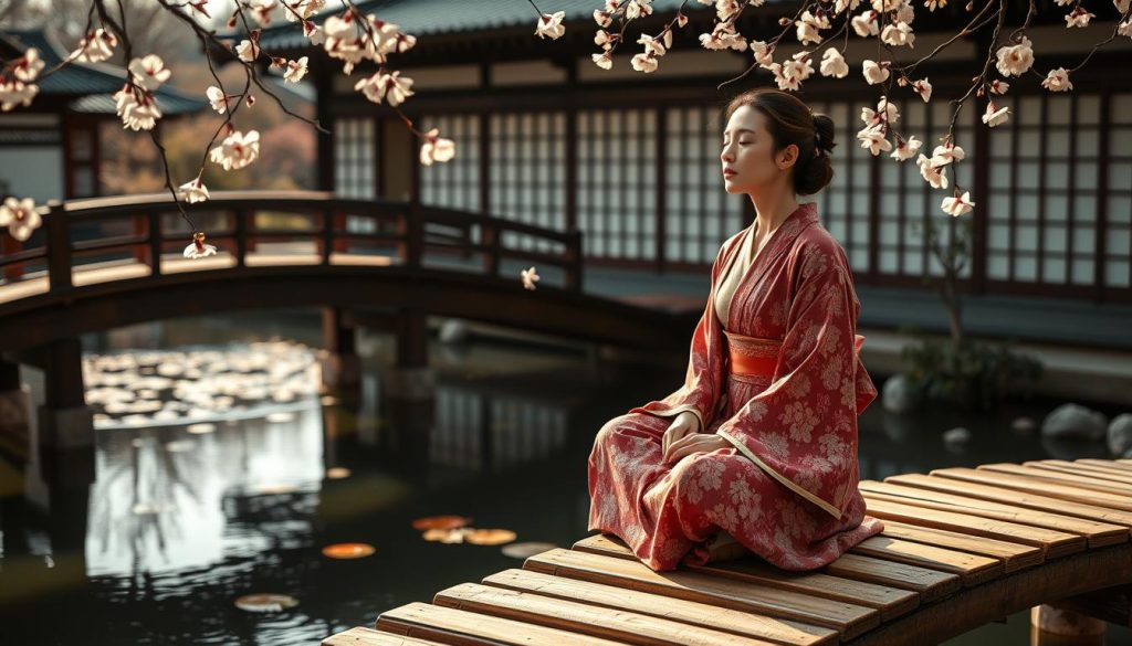A serene Japanese garden, with a wooden bridge arching over a tranquil pond. On the bridge, a woman in a kimono sits cross-legged, her eyes closed in deep concentration as she performs the ancient art of Shiatsu massage. The scene is bathed in warm, soft lighting, creating a soothing, meditative atmosphere. Delicate cherry blossoms float in the air, adding to the sense of tranquility. The background features a traditional Japanese architecture, with pagodas and sliding paper screens. The composition emphasizes the harmony between the woman, the natural elements, and the traditional Japanese aesthetic, conveying the essence of Shiatsu as a holistic approach to wellness and stress management. A serene Japanese garden, with a wooden bridge arching over a tranquil pond. On the bridge, a woman in a kimono sits cross-legged, her eyes closed in deep concentration as she performs the ancient art of Shiatsu massage. The scene is bathed in warm, soft lighting, creating a soothing, meditative atmosphere. Delicate cherry blossoms float in the air, adding to the sense of tranquility. The background features a traditional Japanese architecture, with pagodas and sliding paper screens. The composition emphasizes the harmony between the woman, the natural elements, and the traditional Japanese aesthetic, conveying the essence of Shiatsu as a holistic approach to wellness and stress management.