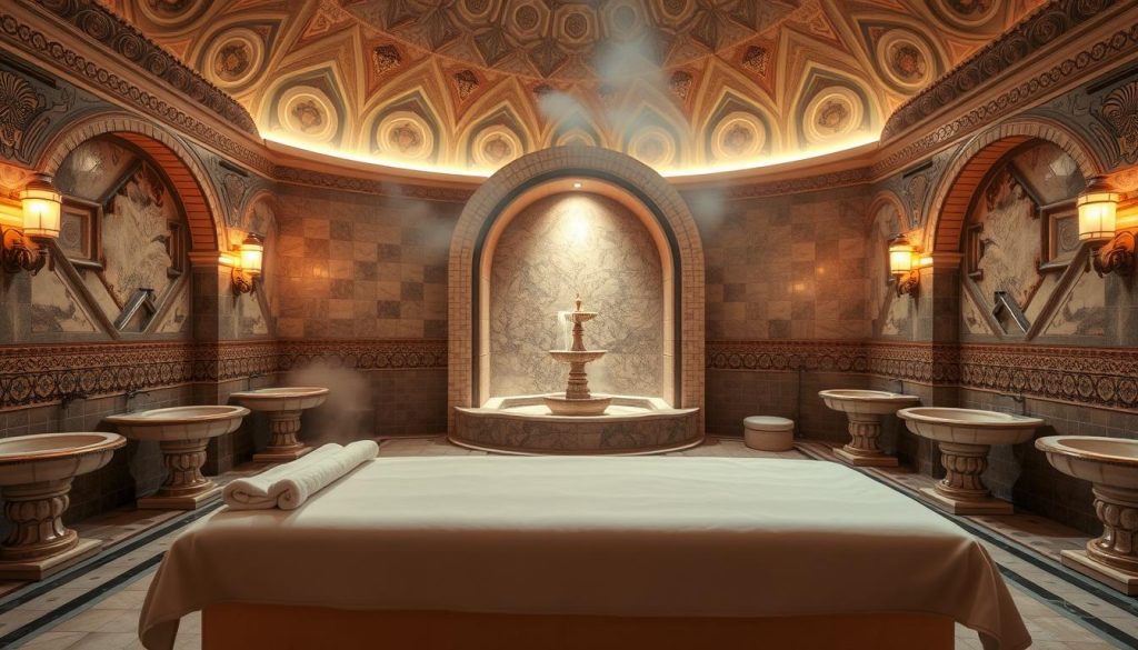 A serene Turkish bath (Türk hamamı) interior with ornate tiled walls, domed ceilings, and warm, diffused lighting. In the foreground, a plush, cushioned massage table takes center stage, inviting relaxation. Surrounding it, elegant marble basins and intricate architectural details create an atmosphere of timeless opulence. The middle ground features delicate steam swirling around, adding to the tranquil ambiance. In the background, a recessed alcove with a traditional fountain piece completes the traditional hammam setting. The overall mood is one of luxurious pampering and wellness, capturing the essence of a Turkish massage experience. A serene Turkish bath (Türk hamamı) interior with ornate tiled walls, domed ceilings, and warm, diffused lighting. In the foreground, a plush, cushioned massage table takes center stage, inviting relaxation. Surrounding it, elegant marble basins and intricate architectural details create an atmosphere of timeless opulence. The middle ground features delicate steam swirling around, adding to the tranquil ambiance. In the background, a recessed alcove with a traditional fountain piece completes the traditional hammam setting. The overall mood is one of luxurious pampering and wellness, capturing the essence of a Turkish massage experience.