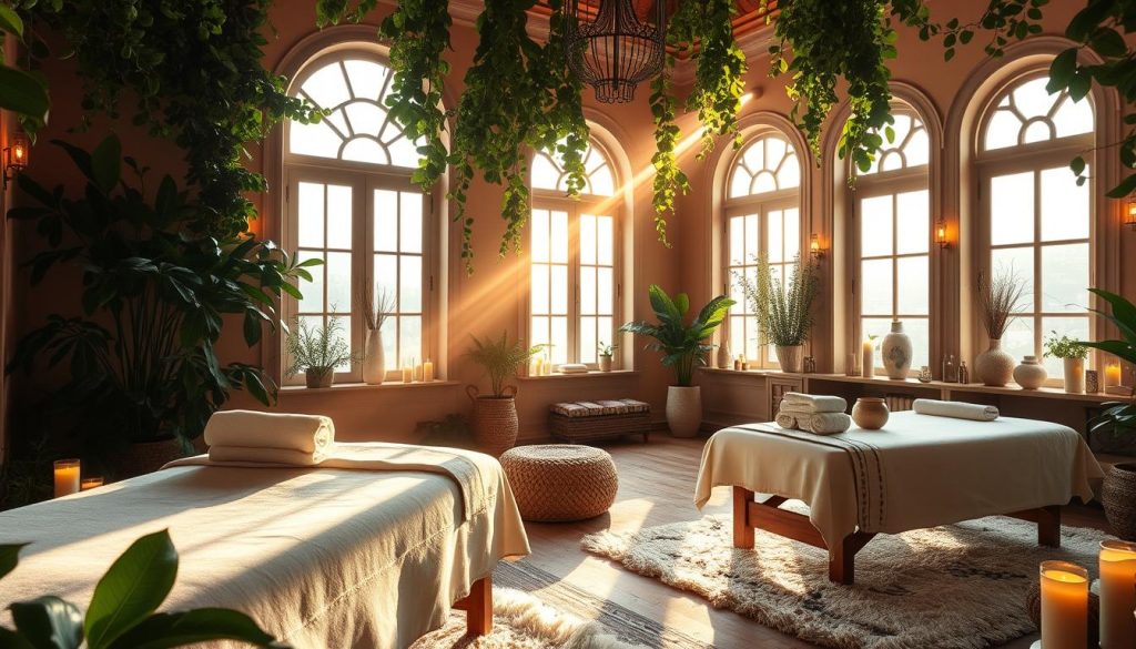 A serene Turkish spa sanctuary in Istanbul, adorned with lush foliage, soothing lighting, and the warm, inviting hues of traditional architecture. Aromatic oils and fragrant candles create a tranquil atmosphere, as plush massage tables await. Sunlight filters through large windows, casting a golden glow over the space. Plush rugs and soft fabrics add to the cozy, rejuvenating ambiance. A calming oasis amidst the bustling city, this aromatherapy-focused wellness haven offers a restorative escape for the senses. A serene Turkish spa sanctuary in Istanbul, adorned with lush foliage, soothing lighting, and the warm, inviting hues of traditional architecture. Aromatic oils and fragrant candles create a tranquil atmosphere, as plush massage tables await. Sunlight filters through large windows, casting a golden glow over the space. Plush rugs and soft fabrics add to the cozy, rejuvenating ambiance. A calming oasis amidst the bustling city, this aromatherapy-focused wellness haven offers a restorative escape for the senses.