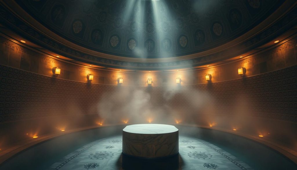 A serene and atmospheric Turkish bath experience unfolds in a dimly lit, ornate domed chamber. Warm, mist-filled air envelops the space, creating a tranquil and immersive ambiance. Intricate tile patterns adorn the walls, reflecting the warm glow of recessed lighting. A central marble plinth stands as the focal point, inviting visitors to relax and unwind. Soft shadows and highlights accentuate the architectural details, evoking a sense of timeless elegance. The overall scene conveys a restorative and rejuvenating experience, transporting the viewer to the serene setting of a traditional Turkish hammam. A serene and atmospheric Turkish bath experience unfolds in a dimly lit, ornate domed chamber. Warm, mist-filled air envelops the space, creating a tranquil and immersive ambiance. Intricate tile patterns adorn the walls, reflecting the warm glow of recessed lighting. A central marble plinth stands as the focal point, inviting visitors to relax and unwind. Soft shadows and highlights accentuate the architectural details, evoking a sense of timeless elegance. The overall scene conveys a restorative and rejuvenating experience, transporting the viewer to the serene setting of a traditional Turkish hammam.