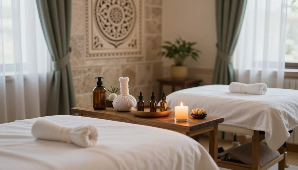 A serene and beautifully arranged massage therapy room in Istanbul, showcasing a variety of massage tools and oils on a wooden table. The foreground features a delicate, softly lit candle and a plush massage bed with crisp, white linens. In the middle ground, an exquisite stone wall adorned with traditional Turkish motifs adds cultural depth. The background reveals large windows with sheer curtains, allowing natural light to filter in, creating a warm, inviting atmosphere. The lighting is soft and diffused, enhancing the tranquility of the space. The color palette includes earthy tones of beige and soft greens, evoking a sense of calm and relaxation, perfect for illustrating the varying massage prices in Istanbul. A serene and beautifully arranged massage therapy room in Istanbul, showcasing a variety of massage tools and oils on a wooden table. The foreground features a delicate, softly lit candle and a plush massage bed with crisp, white linens. In the middle ground, an exquisite stone wall adorned with traditional Turkish motifs adds cultural depth. The background reveals large windows with sheer curtains, allowing natural light to filter in, creating a warm, inviting atmosphere. The lighting is soft and diffused, enhancing the tranquility of the space. The color palette includes earthy tones of beige and soft greens, evoking a sense of calm and relaxation, perfect for illustrating the varying massage prices in Istanbul.