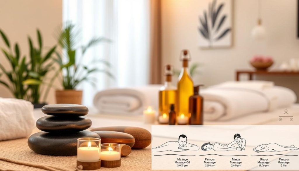 A serene and calming massage studio setting with various massage therapy equipment and tools displayed prominently. Soft, warm lighting illuminates a tranquil atmosphere, with soothing plant life and minimalist decor in the background. In the foreground, an assortment of massage modalities is showcased, such as hot stones, massage oils, and a variety of massage techniques illustrated through detailed illustrations or graphics. The image conveys the different types of massages and their corresponding durations, promoting a sense of relaxation and wellness. A serene and calming massage studio setting with various massage therapy equipment and tools displayed prominently. Soft, warm lighting illuminates a tranquil atmosphere, with soothing plant life and minimalist decor in the background. In the foreground, an assortment of massage modalities is showcased, such as hot stones, massage oils, and a variety of massage techniques illustrated through detailed illustrations or graphics. The image conveys the different types of massages and their corresponding durations, promoting a sense of relaxation and wellness.