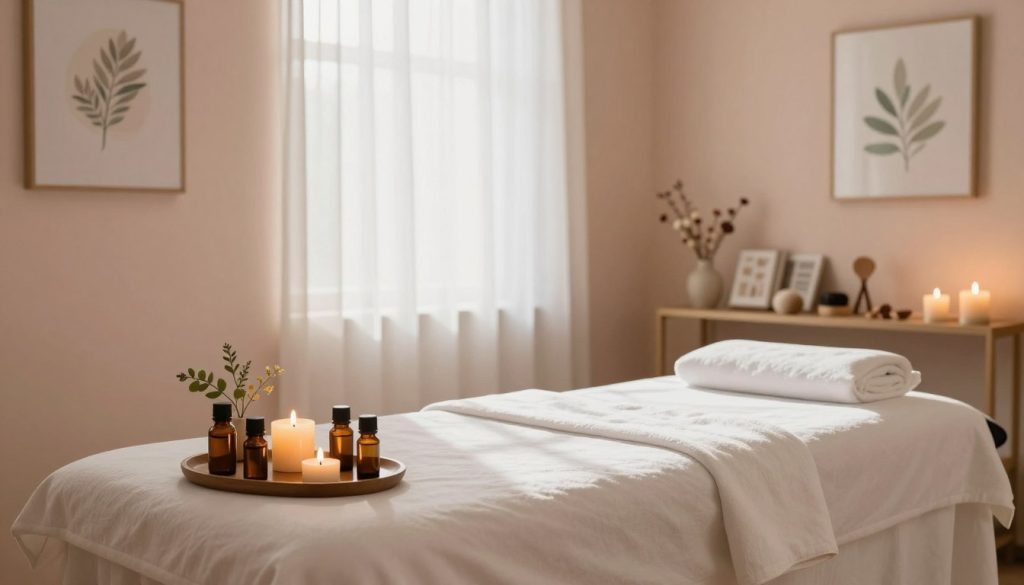 A serene and calming massage therapy room, showcasing a neatly arranged massage table with soft white linens. In the foreground, several essential oils are displayed, surrounded by a flickering candle and delicate plants that enhance the soothing atmosphere. The middle of the image reveals natural light filtering in through sheer curtains, casting a warm glow across the room. The walls are painted in soft pastel colors, adorned with elegant artwork that conveys tranquility. In the background, there is a shelf filled with massage tools and wellness literature, ensuring a professional and welcoming environment. The overall mood is peaceful and respectful, emphasizing ethical communication and trustworthiness in client interactions. The composition is balanced, with an inviting ambiance that encourages relaxation and openness.