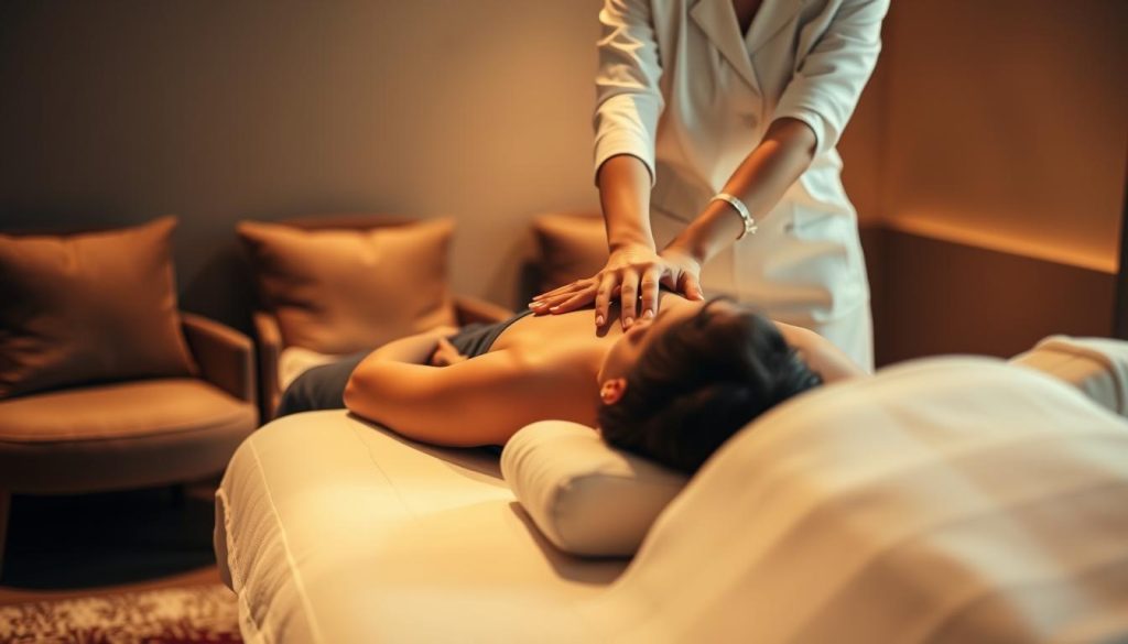 A serene and calming office massage scene. A cozy, dimly lit room with plush, earthy-toned furnishings. A professional masseuse in a crisp white uniform gently kneads the shoulders of a client reclining on a padded massage table, their face obscured. Soft, diffused lighting casts a warm glow, creating an atmosphere of tranquility and rejuvenation. The camera angle is from the side, capturing the graceful motion of the massage and the client's relaxed posture. A sense of luxury and well-being permeates the scene, evoking the benefits of incorporating professional massage into a corporate wellness program. A serene and calming office massage scene. A cozy, dimly lit room with plush, earthy-toned furnishings. A professional masseuse in a crisp white uniform gently kneads the shoulders of a client reclining on a padded massage table, their face obscured. Soft, diffused lighting casts a warm glow, creating an atmosphere of tranquility and rejuvenation. The camera angle is from the side, capturing the graceful motion of the massage and the client's relaxed posture. A sense of luxury and well-being permeates the scene, evoking the benefits of incorporating professional massage into a corporate wellness program.