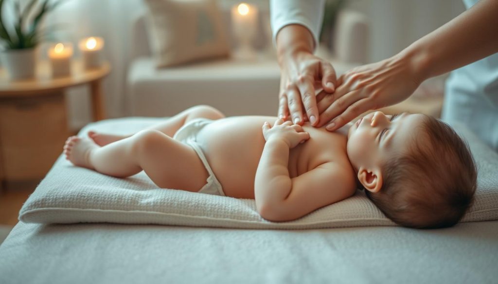 A serene and calming scene of a baby lying on a massage table, being gently massaged by skilled hands to relieve gas pains. The soft, diffused lighting creates a soothing atmosphere, while the plush, neutral-toned fabrics of the massage table and surrounding decor evoke a sense of comfort and relaxation. The focus is on the hands delicately kneading the baby's abdomen, with the background slightly blurred to emphasize the intimate moment. The overall mood is one of care, tenderness, and therapeutic relief.