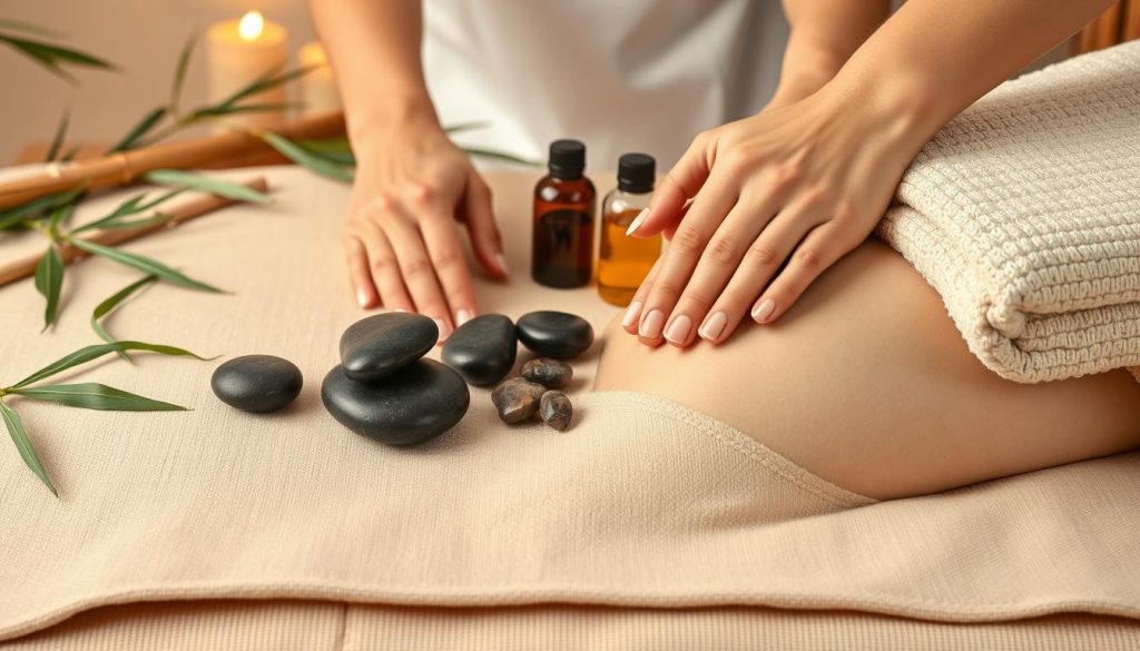 A serene and calming scene of various massage techniques being demonstrated on a peaceful, relaxing background. The foreground features the gentle hands of a skilled masseuse expertly applying different massage strokes, such as kneading, effleurage, and petrissage, on a soothing beige surface. The middle ground showcases a collection of natural, therapeutic elements like smooth river stones, fragrant essential oils, and plush towels, creating a tranquil, spa-like atmosphere. The background subtly blends soft, natural textures like bamboo, leaves, and earthy tones, evoking a sense of harmony and wellness. Warm, diffused lighting from an unseen source casts a serene glow, enhancing the calming ambiance. The overall composition conveys the professionalism and expertise of masseuses in administering fundamental massage techniques that promote skin and muscle health. A serene and calming scene of various massage techniques being demonstrated on a peaceful, relaxing background. The foreground features the gentle hands of a skilled masseuse expertly applying different massage strokes, such as kneading, effleurage, and petrissage, on a soothing beige surface. The middle ground showcases a collection of natural, therapeutic elements like smooth river stones, fragrant essential oils, and plush towels, creating a tranquil, spa-like atmosphere. The background subtly blends soft, natural textures like bamboo, leaves, and earthy tones, evoking a sense of harmony and wellness. Warm, diffused lighting from an unseen source casts a serene glow, enhancing the calming ambiance. The overall composition conveys the professionalism and expertise of masseuses in administering fundamental massage techniques that promote skin and muscle health.