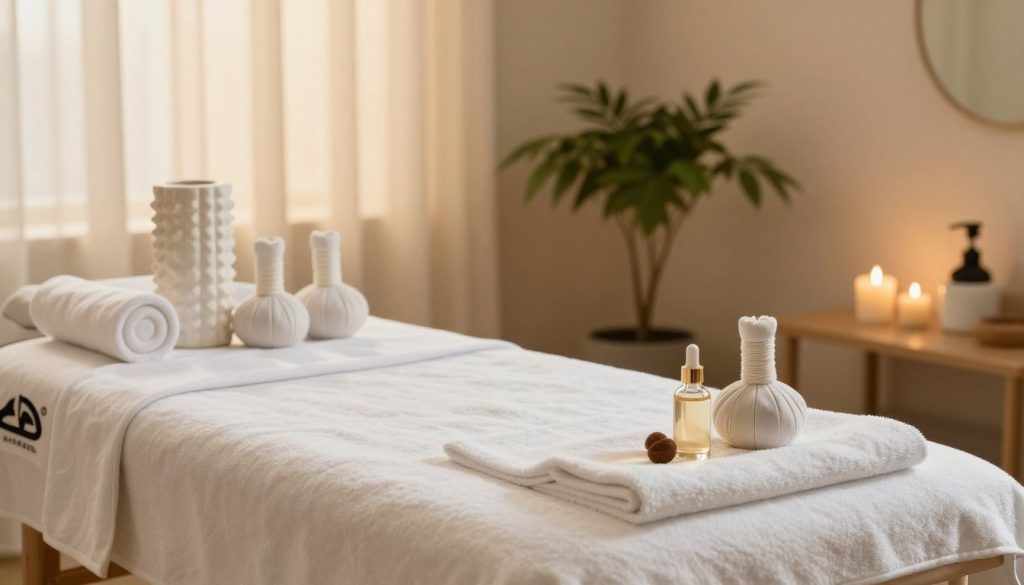 A serene and calming spa environment featuring a beautifully arranged massage therapy room. In the foreground, a massage table is neatly covered with a fresh, white towel, and massage oils are artistically placed in elegant glass bottles. In the middle, a set of tools and devices for deep tissue and sports massage techniques, including foam rollers and massage balls, are artistically arranged. The background showcases a peaceful ambiance with soft, warm lighting filtering through sheer curtains, creating a tranquil atmosphere. A potted plant adds an element of nature, enhancing the soothing feel of the setting. The overall mood is inviting and professional, emphasizing relaxation and well-being, perfect for illustrating massage therapy techniques.