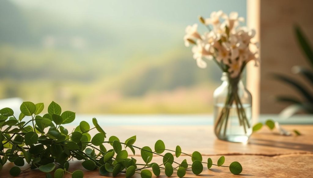 A serene and calming spa-like setting, with a soft, diffused lighting and a warm color palette. In the foreground, a lush, verdant plant cascades over a smooth, natural stone surface, symbolizing the growth and nourishment that empathy can bring to customer relationships. In the middle ground, a delicate glass vase filled with fragrant flowers, their petals gently swaying, evoking a sense of tranquility and emotional connection. The background features a blurred, soothing landscape, perhaps a tranquil garden or a cozy, inviting interior, hinting at the restorative and harmonious environment that empathy can foster in a business setting.