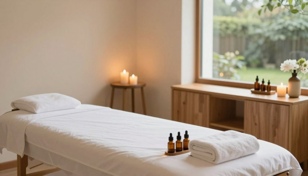 A serene and clean massage room, showcasing high hygiene standards. The foreground features a pristine massage table with freshly laundered linens, complemented by neatly arranged aromatherapy oils and clean towels. In the middle, elegant natural wood furniture contrasts with soft, calming colors on the walls, creating an inviting atmosphere. Soft lighting enhances the tranquility of the space, with gentle shadows adding depth, while a warm glow emanates from strategically placed candles. In the background, a large window offers a glimpse of a peaceful outdoor garden, bringing in natural light and a touch of greenery. The overall mood is soothing and professional, representing a standard of excellence in service quality and cleanliness for massage therapy.