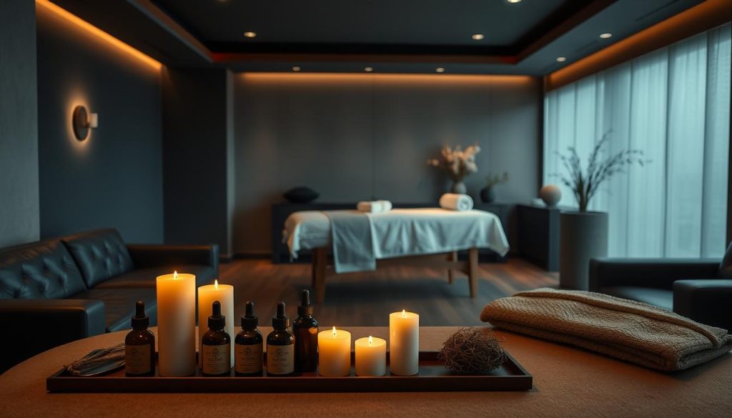 A serene and dimly lit interior of a high-end massage studio in Istanbul, Turkey. Plush leather couches and subdued lighting create a calming ambiance. In the foreground, a display of aromatic oils and candles sets the mood for a rejuvenating experience. The middle ground features a massage table draped with soft linens, ready to welcome a guest. The background showcases muted tones and minimalist decor, evoking a sense of tranquility and introspection. The overall scene conveys a sanctuary of relaxation and mindfulness, inviting the viewer to step into a haven of peace and restoration. A serene and dimly lit interior of a high-end massage studio in Istanbul, Turkey. Plush leather couches and subdued lighting create a calming ambiance. In the foreground, a display of aromatic oils and candles sets the mood for a rejuvenating experience. The middle ground features a massage table draped with soft linens, ready to welcome a guest. The background showcases muted tones and minimalist decor, evoking a sense of tranquility and introspection. The overall scene conveys a sanctuary of relaxation and mindfulness, inviting the viewer to step into a haven of peace and restoration.