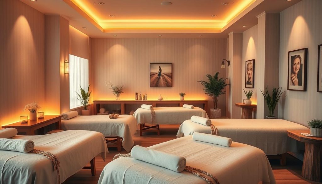 A serene and elegant massage parlor interior, bathed in warm, soothing lighting. Plush, inviting massage tables are positioned throughout the space, with soft, neutral-toned fabrics and natural wooden accents creating a calming ambiance. Potted plants and subtle artworks adorn the walls, hinting at a thoughtfully curated, spa-like atmosphere. The scene conveys a sense of tranquility and professionalism, setting the stage for a rejuvenating and restorative massage experience. A serene and elegant massage parlor interior, bathed in warm, soothing lighting. Plush, inviting massage tables are positioned throughout the space, with soft, neutral-toned fabrics and natural wooden accents creating a calming ambiance. Potted plants and subtle artworks adorn the walls, hinting at a thoughtfully curated, spa-like atmosphere. The scene conveys a sense of tranquility and professionalism, setting the stage for a rejuvenating and restorative massage experience.