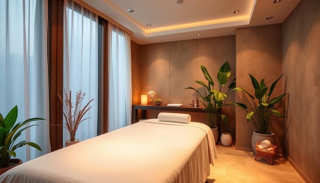 A serene and elegant spa setting, bathed in warm, soft lighting. The focal point is a luxurious massage table draped in crisp, white linens, inviting the viewer to indulge in a soothing spa experience. Lush, verdant plants and subtle decorative accents create a calming, nature-inspired ambiance. The scene evokes a sense of tranquility and relaxation, perfectly capturing the essence of high-quality, affordable massage services in Istanbul's European side.