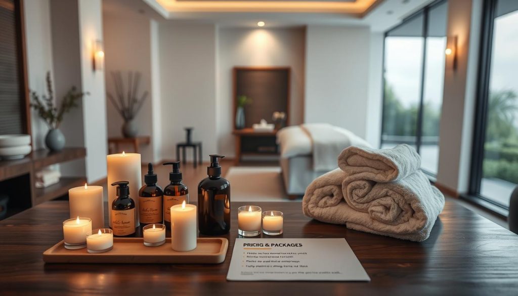 A serene and elegant spa setting with a focus on pricing and package options. In the foreground, an array of high-quality massage oils, candles, and plush towels, artfully arranged on a polished wooden table. In the middle ground, a minimalist yet inviting treatment room with soft lighting and calming neutral tones. The background features a tranquil outdoor scene, perhaps a lush garden or a serene water feature, creating a sense of relaxation and rejuvenation. The overall atmosphere conveys professionalism, attention to detail, and a commitment to providing a luxurious and personalized spa experience.