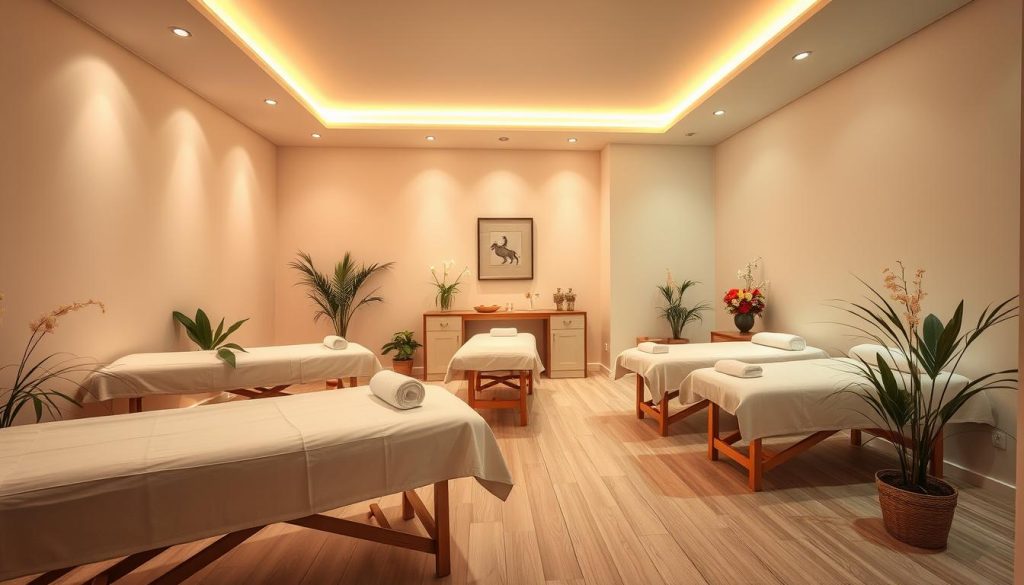 A serene and elegant women's-only massage salon in Ümraniye, Istanbul. The interior is softly lit with warm, diffuse lighting, creating a calming and inviting atmosphere. Plush, comfortable massage tables are arranged in a spacious, airy setting with soothing pastel-colored walls and discreet, minimalist decor. Potted plants and subtle floral accents add a touch of natural beauty. The scene evokes a sense of tranquility, privacy, and rejuvenation - a sanctuary for women to indulge in the restorative power of professional massage therapy.