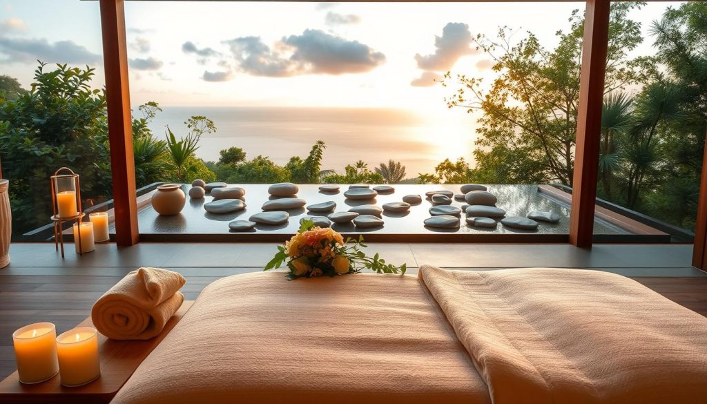 A serene and harmonious spa setting, with a soothing palette of natural tones. The foreground features an elegant wooden massage table, draped in plush, soft-textured linens. Delicate floral arrangements and calming candle flames add a touch of romance. The middle ground showcases a minimalist, zen-inspired decor, with smooth river stones and tranquil water features. In the background, a panoramic view of lush greenery and a calming sky, bathed in warm, golden lighting. The overall atmosphere radiates a sense of rejuvenation, relaxation, and an intimate, couple-friendly ambiance.