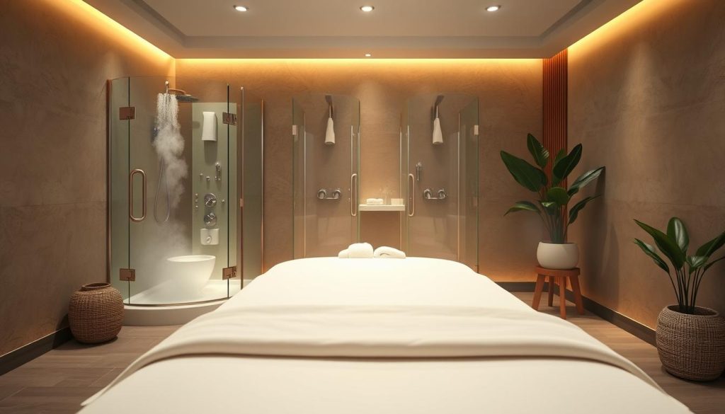 A serene and hygienic spa environment, bathed in soft, warm lighting. The foreground features a pristine massage table draped in crisp, white linens, inviting visitors to indulge in a moment of tranquility. In the middle ground, elegant glass-enclosed shower stalls gleam, with steam gently rising. The background showcases muted, earthy tones on the walls, complemented by natural wood accents and lush potted plants, creating a soothing, nature-inspired ambiance. The overall composition exudes a sense of modern luxury and calming relaxation, perfectly suited for a high-end beauty and massage center. A serene and hygienic spa environment, bathed in soft, warm lighting. The foreground features a pristine massage table draped in crisp, white linens, inviting visitors to indulge in a moment of tranquility. In the middle ground, elegant glass-enclosed shower stalls gleam, with steam gently rising. The background showcases muted, earthy tones on the walls, complemented by natural wood accents and lush potted plants, creating a soothing, nature-inspired ambiance. The overall composition exudes a sense of modern luxury and calming relaxation, perfectly suited for a high-end beauty and massage center.