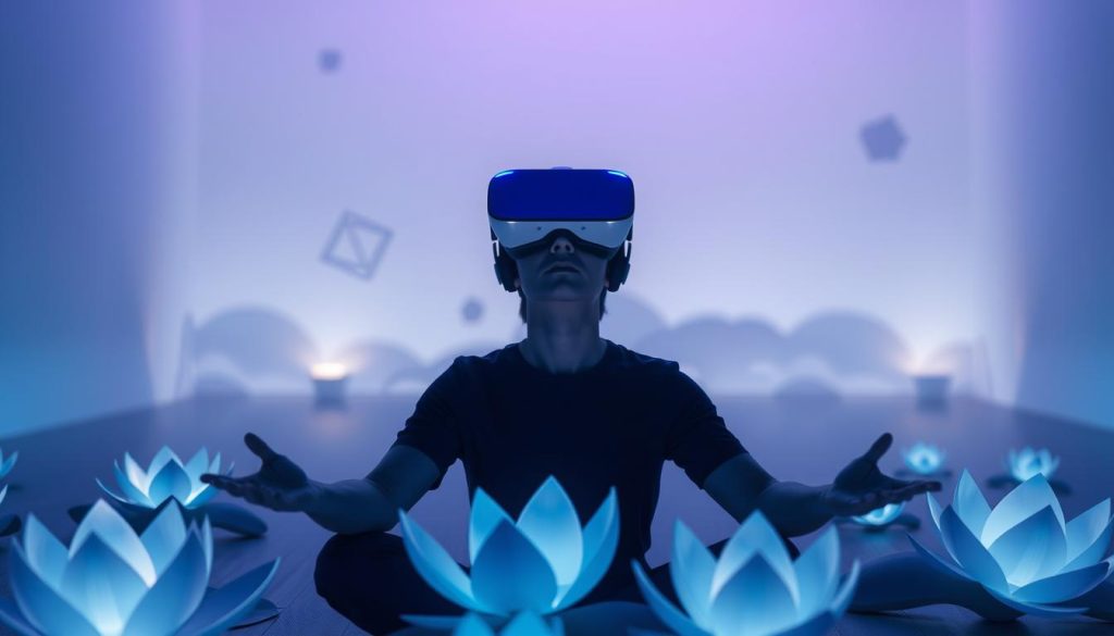 A serene and immersive virtual reality meditation experience. A peaceful, dimly lit space with soft ambient lighting, calming blue and purple hues. Holographic lotus flowers gently floating in the foreground, their petals subtly shifting and pulsing. In the middle ground, a user wearing a high-quality VR headset, their expression tranquil as they drift into a deep meditative state. The background features a minimalist, futuristic landscape with floating geometric shapes and soft, atmospheric particles drifting through the air, creating a sense of weightlessness and tranquility. Overall, a visually compelling and technologically advanced wellness experience. A serene and immersive virtual reality meditation experience. A peaceful, dimly lit space with soft ambient lighting, calming blue and purple hues. Holographic lotus flowers gently floating in the foreground, their petals subtly shifting and pulsing. In the middle ground, a user wearing a high-quality VR headset, their expression tranquil as they drift into a deep meditative state. The background features a minimalist, futuristic landscape with floating geometric shapes and soft, atmospheric particles drifting through the air, creating a sense of weightlessness and tranquility. Overall, a visually compelling and technologically advanced wellness experience.