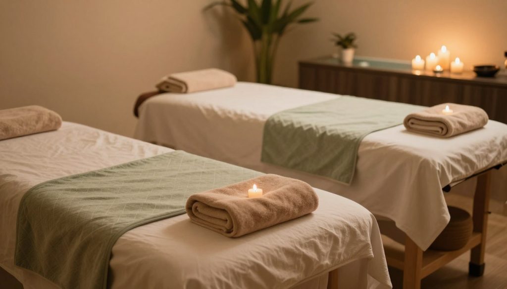 A serene and inviting couples massage room, featuring two massage tables positioned side by side, adorned with soft, white linens and an array of aromatic candles flickering gently. The foreground shows the massage tables draped in rich, calming colors like soft green and beige, with plush towels neatly arranged. In the middle ground, a calming water feature creates a soothing ambiance, while subtle plants add a touch of nature. The background reveals a softly lit space, with warm, diffused lighting to evoke tranquility. The atmosphere is peaceful and relaxing, perfect for a couples therapy session, promoting well-being and connection. The focus is on the harmonious setting, conveying the essence of a shared massage experience.