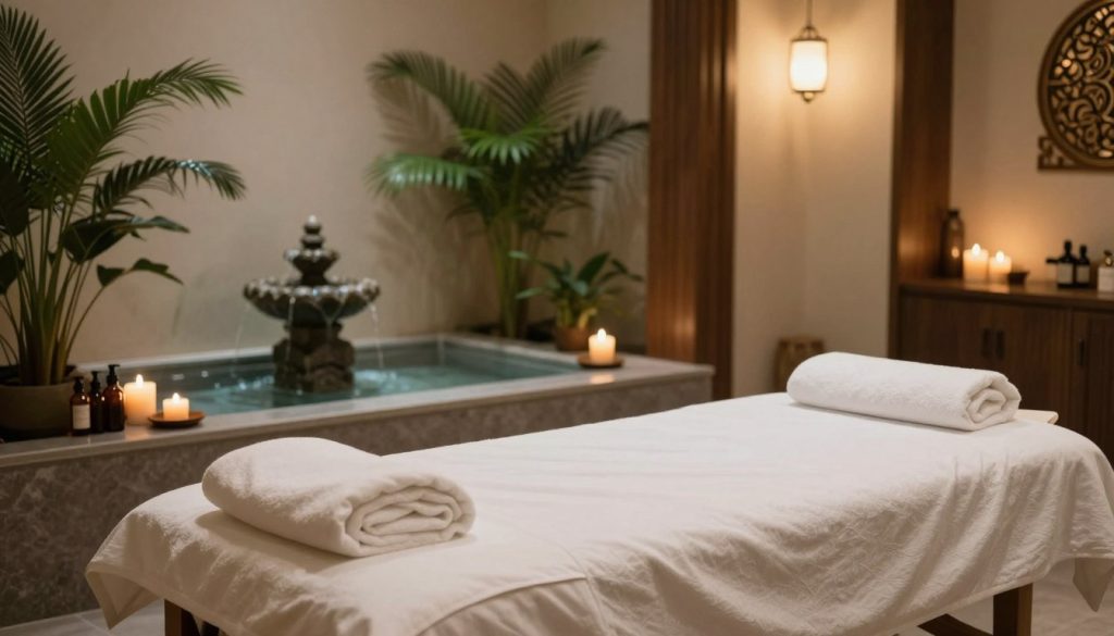 A serene and inviting interior of a massage and wellness center in Istanbul, featuring soft lighting and calming colors that evoke relaxation. In the foreground, a neatly arranged massage table with plush white linens, surrounded by aromatic candles and essential oil bottles. The middle ground displays a tranquil water feature with lush green plants, creating a soothing atmosphere. The background reveals elegant decor with wooden accents, dimmed lights, and a hint of traditional Turkish motifs, enhancing the ambiance of wellness. The scene is bathed in warm, soft light to evoke tranquility and comfort, with the focus on creating a peaceful environment conducive to relaxation and healing.