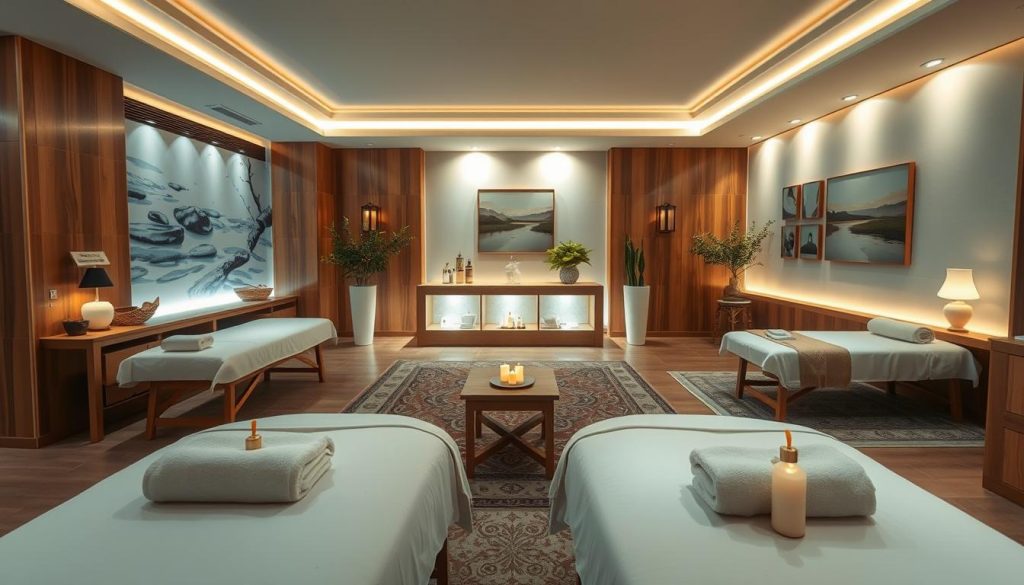 A serene and inviting interior of a traditional Turkish massage center, showcasing a calming atmosphere. In the foreground, elegant massage tables are arranged with soft towels and aromatic oils, highlighting wellbeing and relaxation. In the middle ground, ambient lighting casts a warm glow, enhancing the soothing colors of rich wood and soft textiles. Luxurious decor, such as intricately patterned rugs and subtle wall art emphasizing tranquility, fills the space. The background features softly flowing water elements or gentle greenery, creating a peaceful backdrop. The overall mood is one of professionalism and comfort, aiming to evoke a sense of trust and satisfaction in the spa experience. The angle is slightly elevated, providing a comprehensive view of the inviting setup.