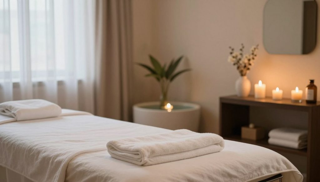 A serene and inviting massage parlor setting in Istanbul, featuring a beautifully arranged treatment room with soft, ambient lighting. The foreground shows a neatly made massage table with fluffy, white towels and relaxing scented candles. In the middle, a subtle decorative water feature adds a calming effect, while fragrant plants create a tranquil atmosphere. The background features soft, draped curtains that gently filter natural light, casting a warm glow. The overall mood is peaceful and professional, emphasizing relaxation and self-care. The image should evoke a sense of comfort and attention to detail, ideal for those seeking a quality massage experience.