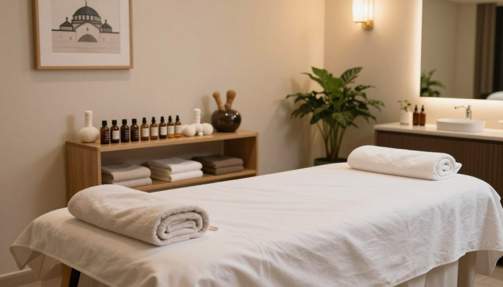 A serene and inviting massage room in Istanbul, emphasizing safety and hygiene standards. The foreground features a neatly made massage table with fresh white linens and soft, neutral-colored towels. In the middle, a well-organized shelf displays essential oils and clean massage tools, showcasing the importance of cleanliness. The background shows elegant décor, such as calming wall art, indoor plants, and soft lighting that creates a tranquil atmosphere. The lighting is warm and diffuse, casting gentle shadows to enhance relaxation. The overall mood is peaceful and professional, reflecting a commitment to hygiene and customer safety in service. The image captures the essence of a luxurious yet hygienic massage experience in Istanbul.