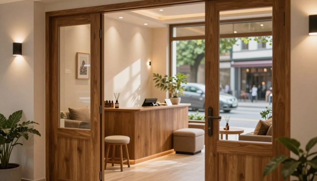 A serene and inviting massage salon location in Istanbul. The foreground features a beautifully arranged entrance with smooth wooden doors and soft, ambient lighting. In the middle, a cozy reception area adorned with calming decor, such as essential oil diffusers and comfortable seating, reflects a tranquil atmosphere. The background showcases large windows offering a view of a peaceful street lined with greenery, bringing in natural light. Soft shadows dance across the warm-toned walls. The image’s mood is peaceful and welcoming, encouraging relaxation. Capture this scene from a slightly elevated angle to emphasize the inviting atmosphere, with a shallow depth of field to enhance focus on the reception area while softly blurring the background. No humans or text should be present in the image.
