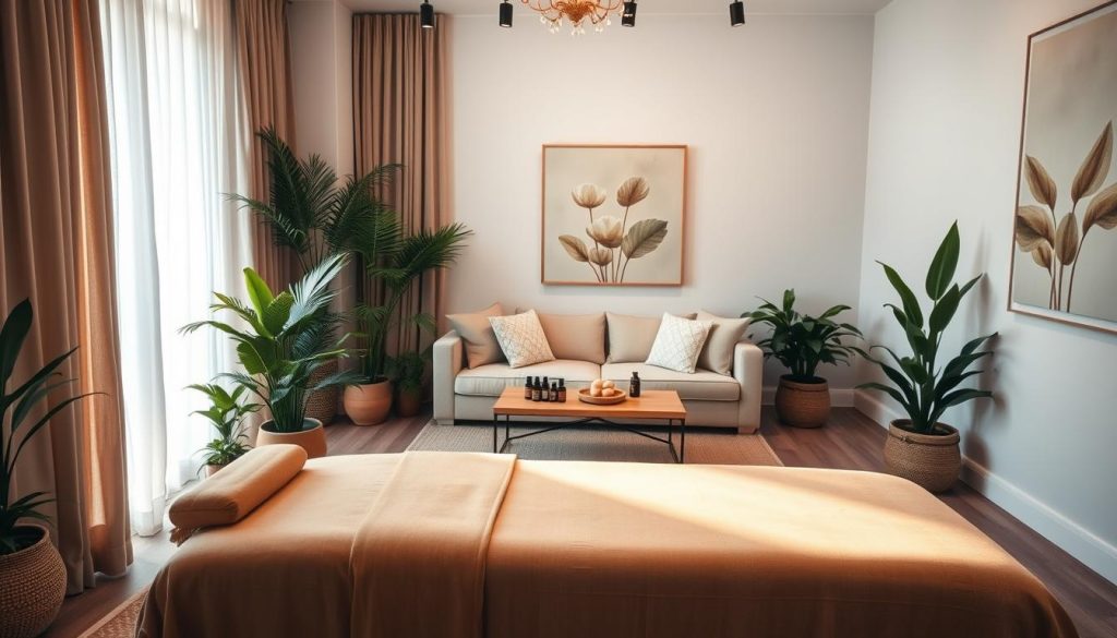 A serene and inviting massage space in a boutique setting, showcasing soft, natural light filtering through large windows adorned with sheer curtains. In the foreground, a beautifully arranged massage table with warm beige linens, surrounded by potted plants and calming essential oils. The middle ground features a cozy seating area with plush cushions and a low, wooden coffee table, inviting relaxation. In the background, soothing wall art depicting abstract forms of nature complements the peaceful atmosphere. The overall mood is tranquil and nurturing, emphasizing the connection between environment and sensory therapy, creating an oasis for slow living in the heart of the city. Capture this scene from a slightly elevated angle to enhance depth and warmth. A serene and inviting massage space in a boutique setting, showcasing soft, natural light filtering through large windows adorned with sheer curtains. In the foreground, a beautifully arranged massage table with warm beige linens, surrounded by potted plants and calming essential oils. The middle ground features a cozy seating area with plush cushions and a low, wooden coffee table, inviting relaxation. In the background, soothing wall art depicting abstract forms of nature complements the peaceful atmosphere. The overall mood is tranquil and nurturing, emphasizing the connection between environment and sensory therapy, creating an oasis for slow living in the heart of the city. Capture this scene from a slightly elevated angle to enhance depth and warmth.