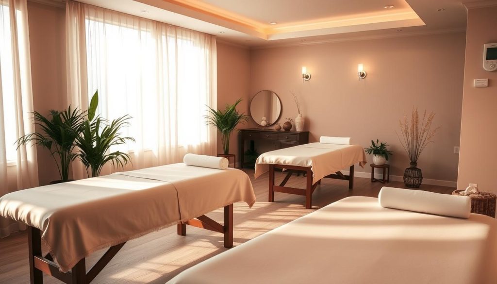 A serene and inviting massage studio, bathed in warm natural light. Plush massage tables stand ready, flanked by potted plants and tasteful decor. Soft, muted colors create a tranquil ambiance, while discreet lighting fixtures cast a gentle glow. The scene evokes a sense of restorative calm, hinting at the skilled, caring touch of the unseen massage therapists. The overall atmosphere suggests a haven of relaxation and well-being, ready to provide a rejuvenating experience.