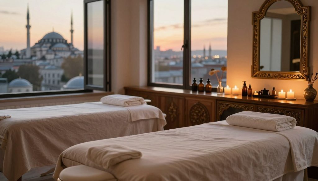 A serene and inviting massage studio set in Istanbul, featuring elegant traditional decor blended with modern ergonomic elements. In the foreground, plush massage tables draped in soft, neutral linens create a calming atmosphere. The middle ground showcases an array of aromatherapy oils and soothing candles, emitting gentle, warm light that reflects off beautifully crafted wooden surfaces. In the background, large windows reveal a picturesque view of iconic Istanbul architecture, bathed in the golden light of a sunset. The overall mood is tranquil and rejuvenating, ideal for long-term residents seeking relaxation and wellness. The scene is rendered with soft focus to enhance the serene vibe, capturing the essence of a peaceful retreat without any human subjects.