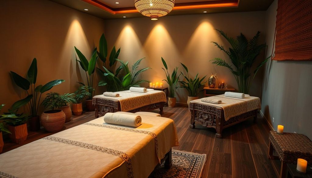 A serene and inviting massage studio, soft lighting illuminates an array of massage modalities. Intricately carved wooden massage tables take center stage, surrounded by lush greenery and calming earth-toned accents. Patterned textiles and aromatherapy candles create a tranquil, spa-like ambiance. The camera captures the scene from a slightly elevated angle, showcasing the harmonious blend of traditional and modern elements that define the Fulya Masaj Salonu Istanbul experience.