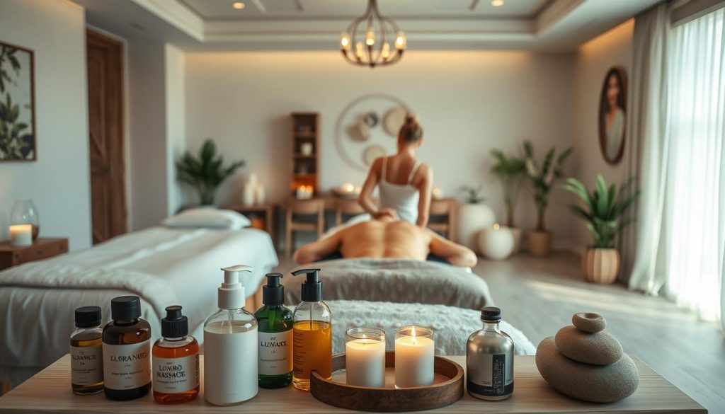 A serene and inviting massage studio with plush treatment beds, soft lighting, and soothing decor. In the foreground, an array of massage oils, lotions, and aromatherapy candles creates a calming ambiance. The middle ground features a skilled massage therapist, hands gently kneading the back of a relaxed client. The background showcases a tranquil scene with minimalist furnishings, potted plants, and a muted color palette evoking a sense of relaxation and well-being. The image is captured with a wide-angle lens, creating a spacious and inviting atmosphere. A serene and inviting massage studio with plush treatment beds, soft lighting, and soothing decor. In the foreground, an array of massage oils, lotions, and aromatherapy candles creates a calming ambiance. The middle ground features a skilled massage therapist, hands gently kneading the back of a relaxed client. The background showcases a tranquil scene with minimalist furnishings, potted plants, and a muted color palette evoking a sense of relaxation and well-being. The image is captured with a wide-angle lens, creating a spacious and inviting atmosphere.