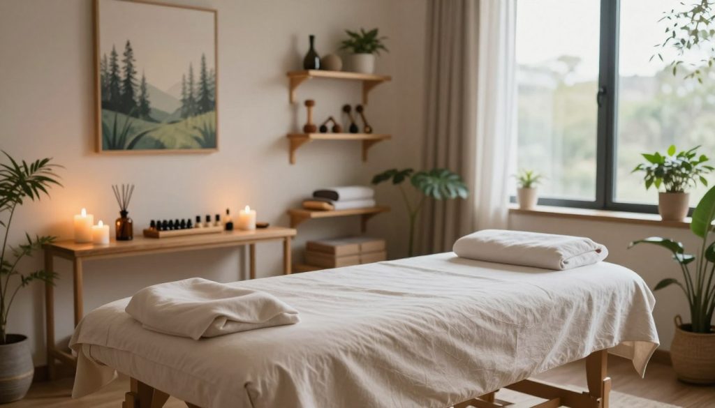 A serene and inviting massage therapy room designed for pain management and rehabilitation. In the foreground, a plush massage table is lined with soft, neutral-toned linens, surrounded by calming elements like aromatic candles and essential oil diffusers. The middle features a wall adorned with soothing artwork depicting nature, and shelves stocked with professional massage tools and rehabilitation equipment. The background showcases a large window allowing natural light to flood the space, with potted plants bringing a touch of greenery. The atmosphere is tranquil and rejuvenating, emphasizing wellness and relaxation, with soft diffused lighting creating a warm ambiance. The perspective is slightly elevated, providing a comprehensive view of this healing sanctuary, focusing on the elements that promote comfort and recovery.