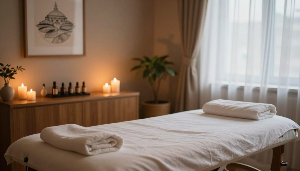A serene and inviting massage therapy room in Istanbul, characterized by warm wooden tones and soft, ambient lighting. In the foreground, there's a neatly arranged massage table adorned with fresh linens and soothing candles. The middle ground features essential oils and tranquil decor, such as plants and calming wall art that evoke relaxation. The background offers a glimpse of a window draped with sheer curtains, allowing natural light to filter through, creating a peaceful and calming atmosphere. The overall mood is tranquil and professional, reflecting the theme of trust and safety in massage services, with no human figures present. Focus on enhancing the inviting ambiance, using a soft focus to create an ethereal quality.