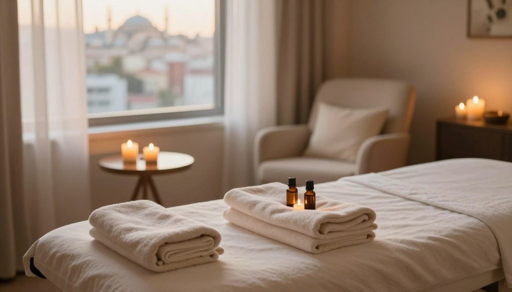 A serene and inviting massage therapy room in Istanbul. The foreground features a beautifully arranged massage table with soft, plush towels neatly folded and calming essential oils displayed beside them. In the middle ground, there's a comfortable chair draped with a cozy blanket, alongside a small side table with a lit candle emitting a warm glow. The background showcases a window that reveals a glimpse of the bustling city outside, filtered by sheer curtains that diffuse the sunlight, creating a tranquil atmosphere. The lighting is soft and warm, enhancing the sense of relaxation and well-being. The overall mood is peaceful, emphasizing comfort and luxury in a professional yet home-like environment.