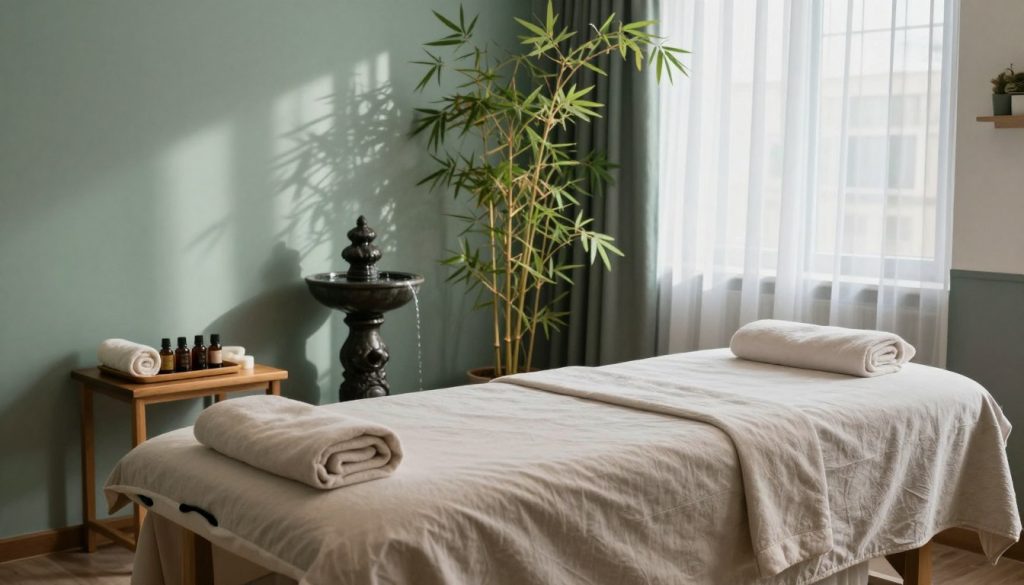 A serene and inviting massage therapy room set in a contemporary Istanbul spa. In the foreground, a plush massage table draped in soft, neutral linens. Towels and essential oils neatly arranged on a small wooden table nearby. The middle ground features calming elements like bamboo plants and a decorative water fountain, creating a tranquil atmosphere. The background shows large windows with sheer curtains, allowing soft, natural light to filter in, casting gentle shadows. The color palette is soothing, featuring shades of green, beige, and light blue. The ambience evokes relaxation and rejuvenation, capturing the essence of Swedish massage techniques tailored for the urban environment of Istanbul.
